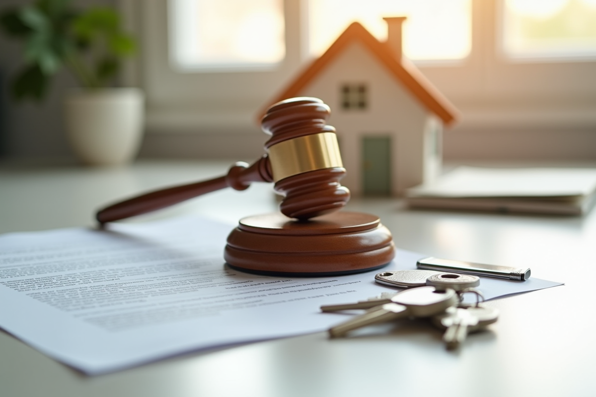 Gavel en bois sur contrat de vente immobilière avec clés