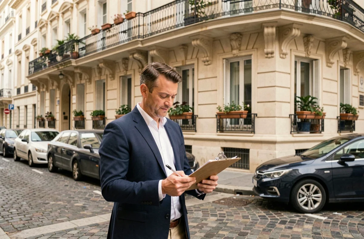 Gestionnaire immobilier de Gestion Immobilière du Midi devant un immeuble de copropriété à Marseille
