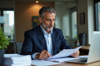 Homme d affaires en costume bleu examine des documents immobiliers