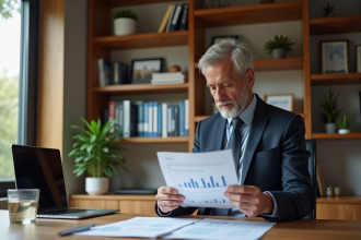 Homme d'affaires examine des documents financiers dans un bureau chaleureux