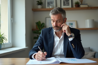 Homme d'âge moyen analysant des documents immobiliers dans un bureau lumineux