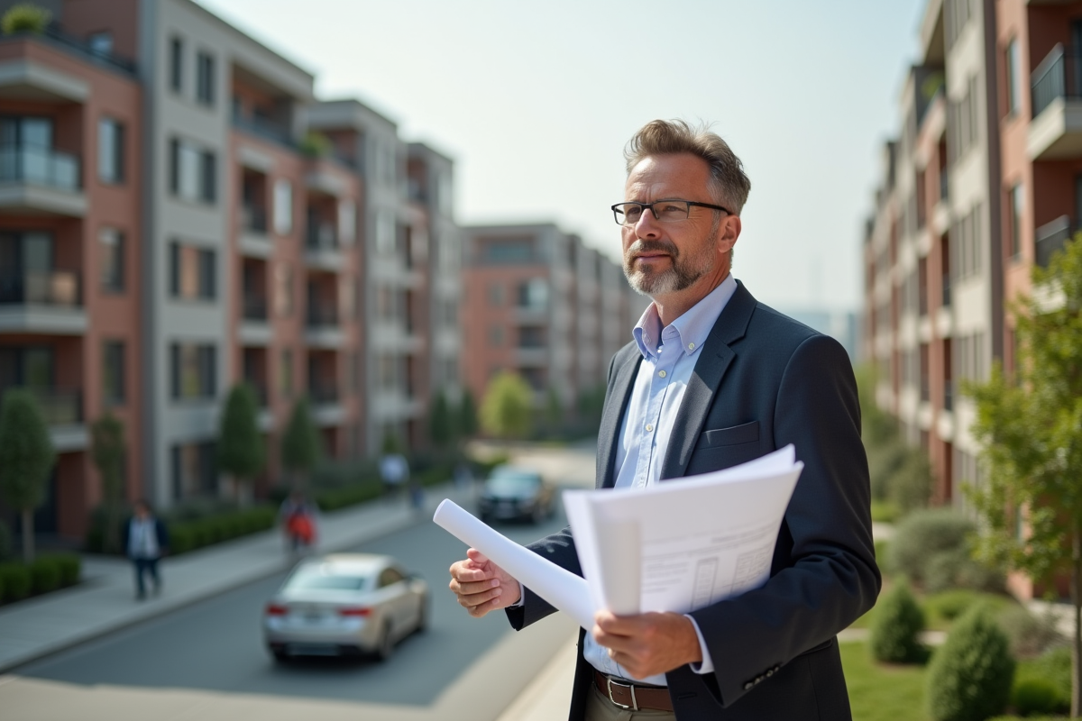Homme étudiant des plans devant un bâtiment résidentiel