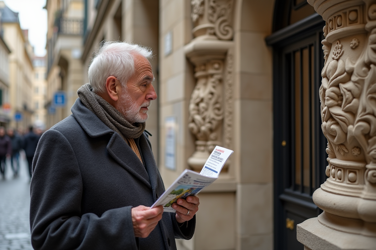 Homme âgé admirant un bâtiment historique restauré