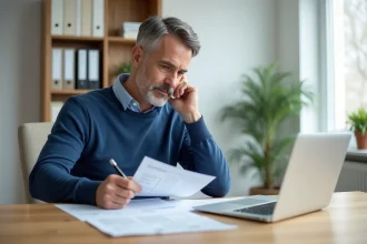 Homme d'âge moyen en bureau moderne examinant des documents d'assurance