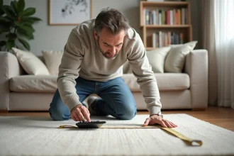 Homme mesurant un tapis dans un salon moderne