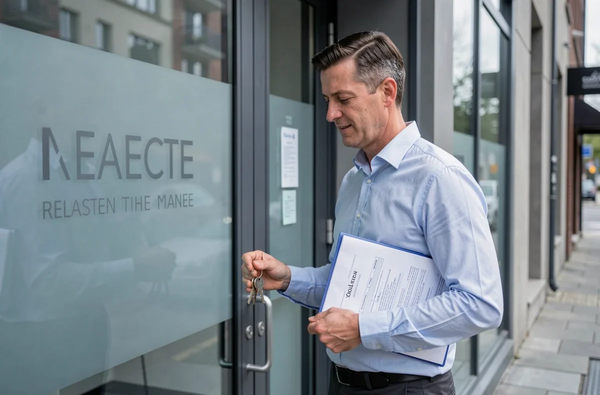 Homme tenant des clés d'appartement devant une agence immobilière lors d'un changement de logement