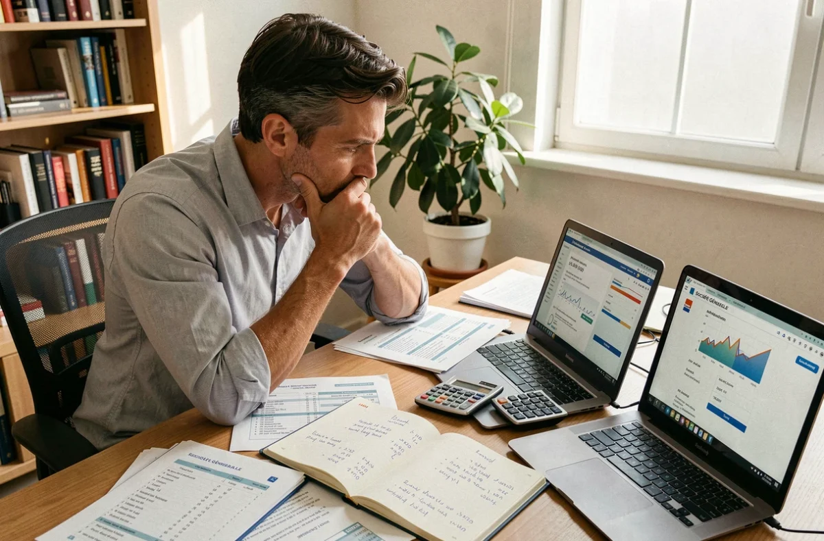 Homme comparant les taux de crédit immobilier SG sur son ordinateur depuis son bureau à domicile