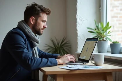 Homme concentré sur son ordinateur dans un appartement lumineux