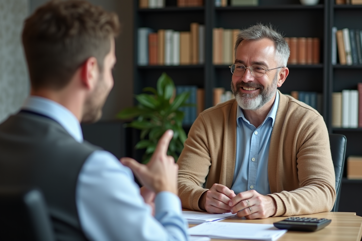 Homme discutant avec un conseiller financier dans un bureau organisé