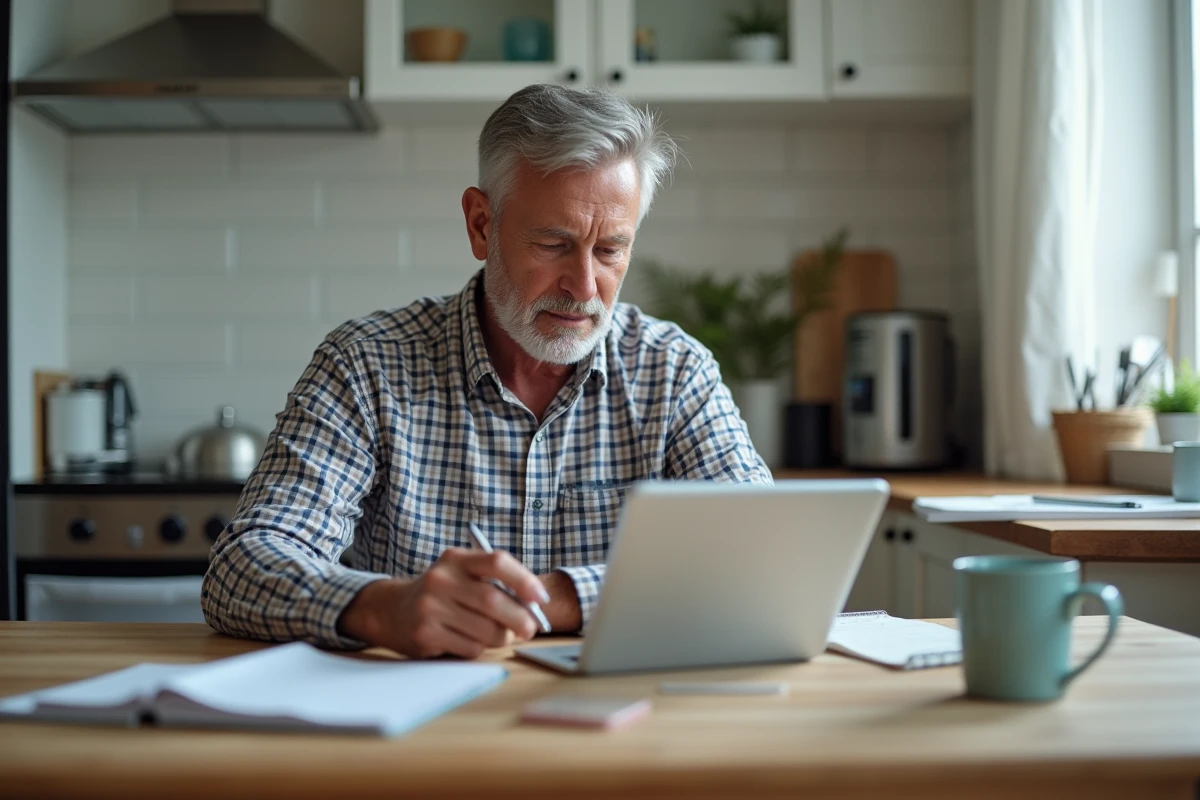 Homme vérifiant des informations dans une cuisine quotidienne
