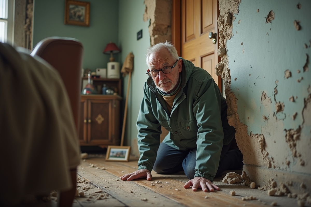 Homme examinant des dégâts après un tremblement de terre à la maison
