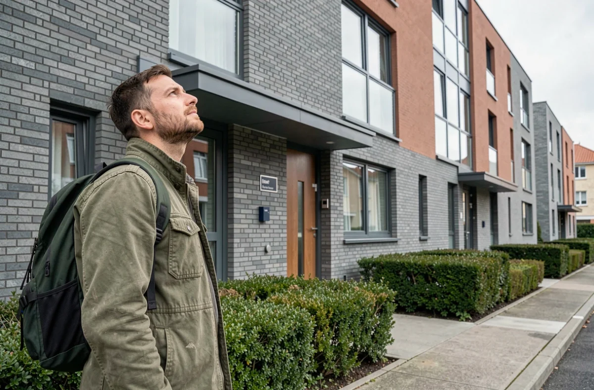 Homme arrivant devant un bâtiment de logement transitoire dans le cadre d'un parcours d'hébergement pérenne
