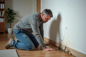Homme examinant des taches d'eau sur un mur intérieur