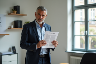 Homme d age en costume regardant un document immobilier