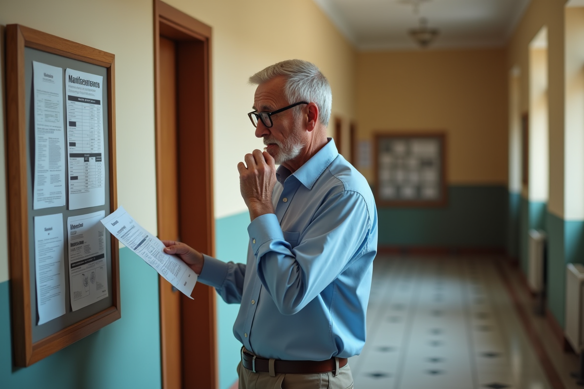 Homme âgé vérifiant une facture dans le hall d