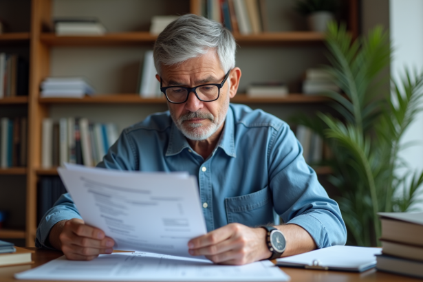 Homme d'âge moyen examinant un avis de loyer dans un bureau à domicile
