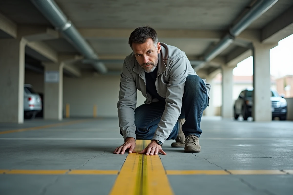 Homme mesurant la largeur d'une place de parking en sous-sol avec un mètre ruban jaune, illustration pratique des dimensions réglementaires