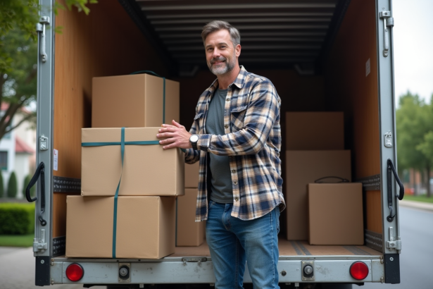 Homme d'âge moyen sécurisant des cartons dans un camion de déménagement