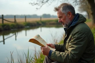 Homme d'âge moyen étudiant une carte près d'un étang rural