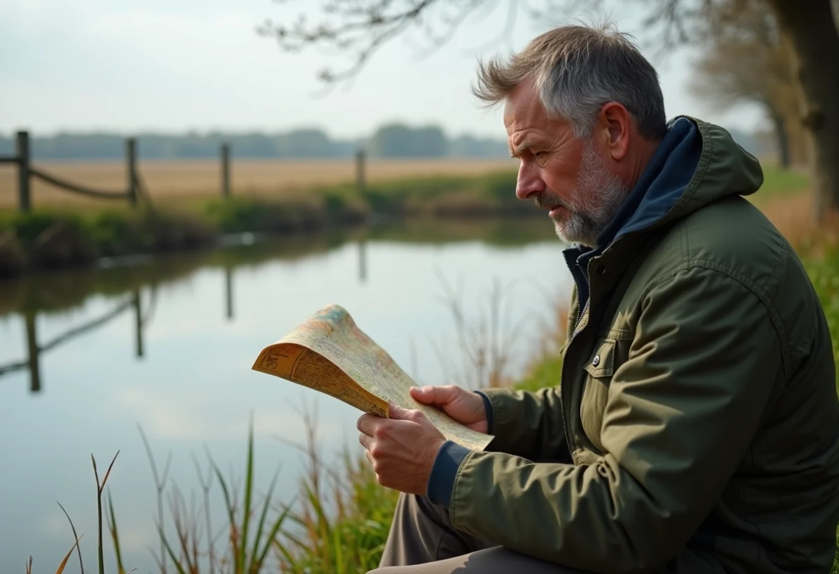 Homme d'âge moyen étudiant une carte près d'un étang rural