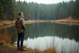 Homme d'âge moyen en extérieur près d'un étang tranquille