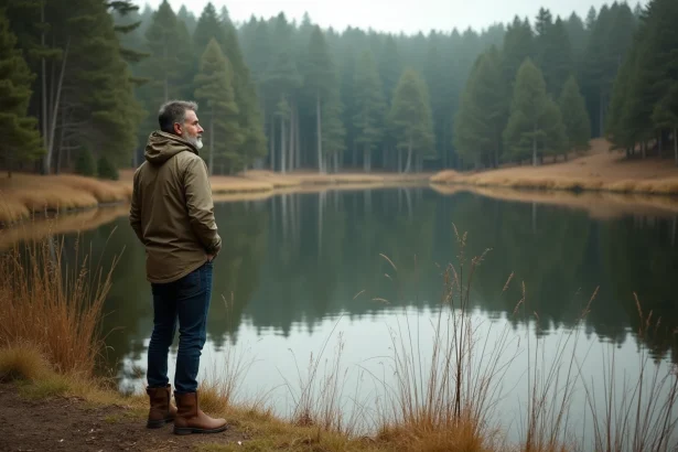 Homme d'âge moyen en extérieur près d'un étang tranquille