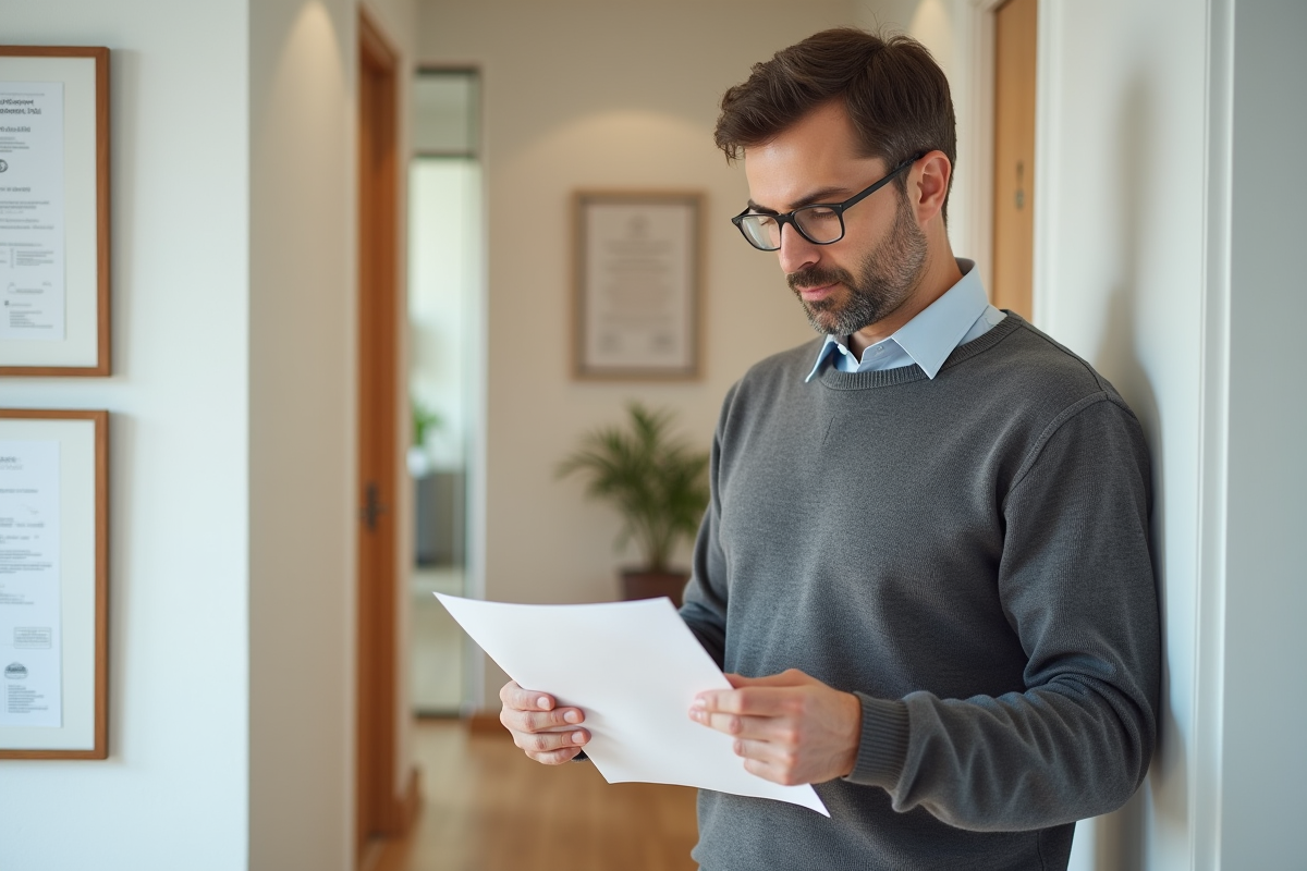 Propriétaire lisant un bail dans un couloir moderne