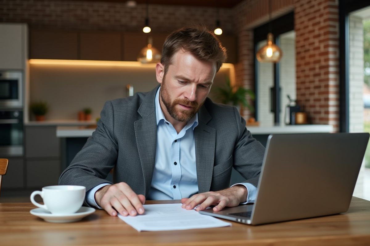 Homme d'âge moyen vérifiant des documents dans un Airbnb moderne