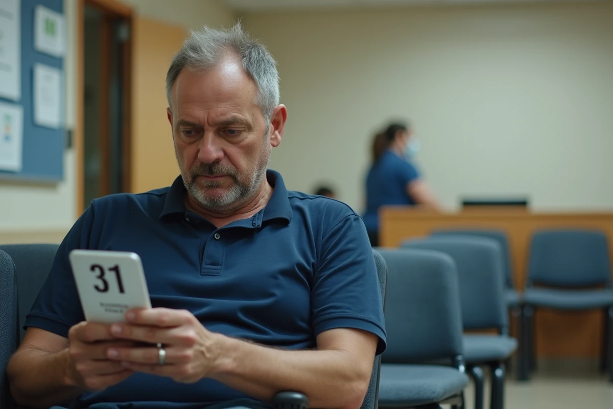 Homme attendant dans une salle d'attente d'un office HLM avec son ticket de passage pour la commission d'attribution