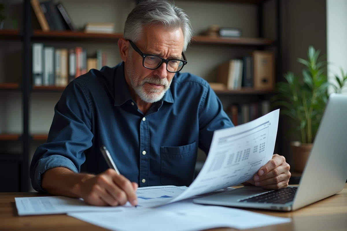 Homme senior analysant un simulateur viager sur Excel avec des documents immobiliers imprimés sur un bureau en bois
