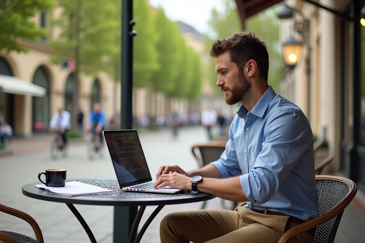 Homme travaillant en terrasse de café dans une ville verte d'Île-de-France alliant qualité de vie et emploi