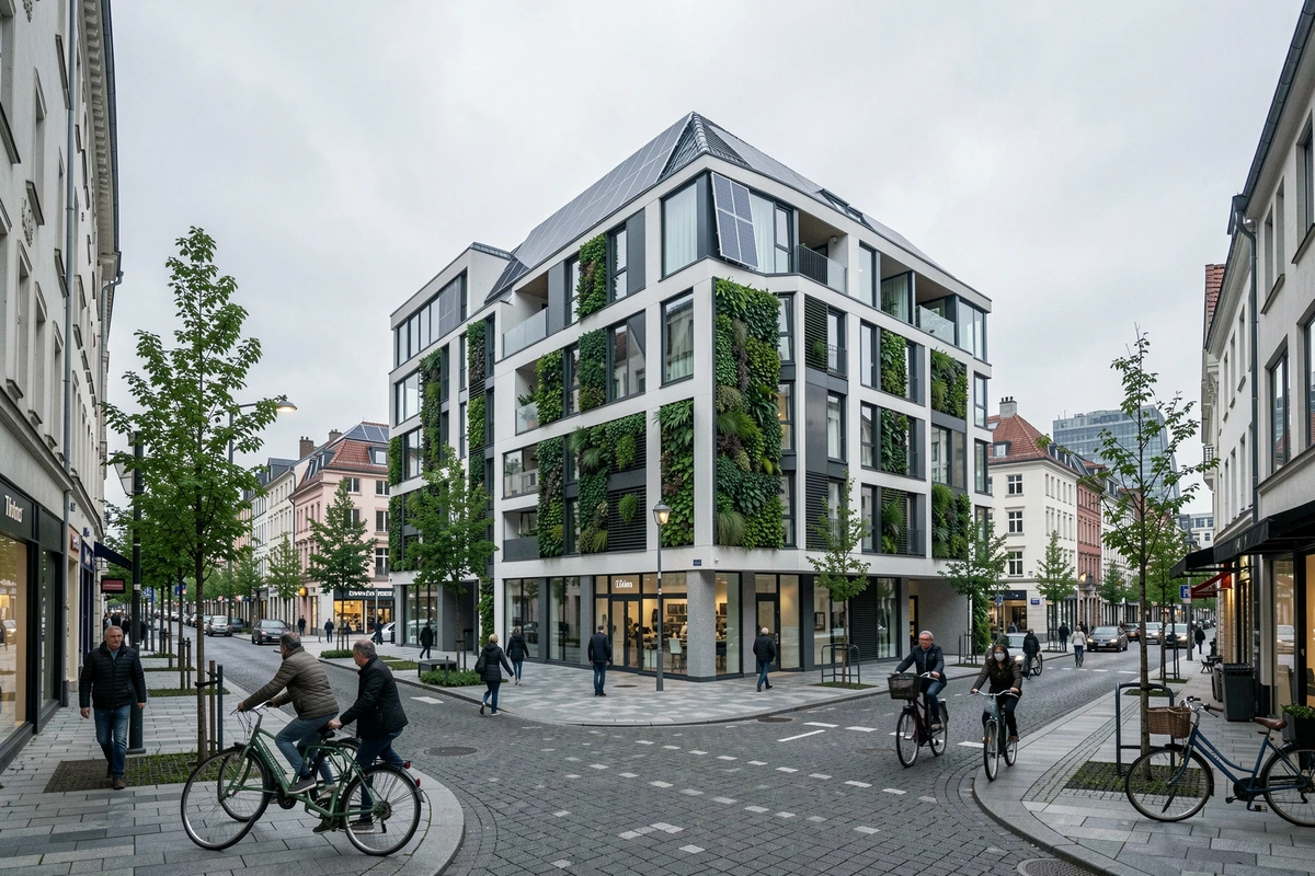 Immeuble résidentiel intelligent avec panneaux solaires et jardins verticaux dans un quartier urbain européen animé