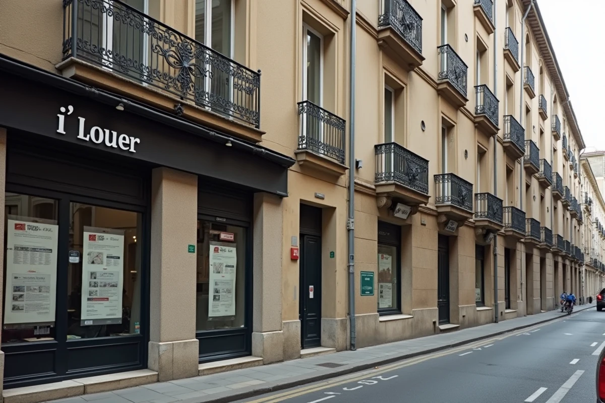 Immeubles haussmanniens avec panneaux à louer dans une rue de zone tendue à Lyon, marché locatif 2026