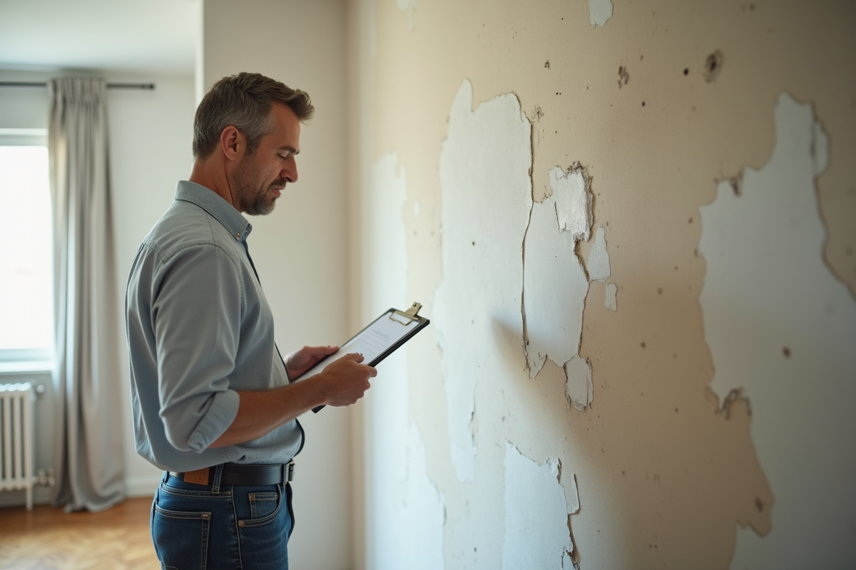 Homme inspectant un mur endommage dans un appartement
