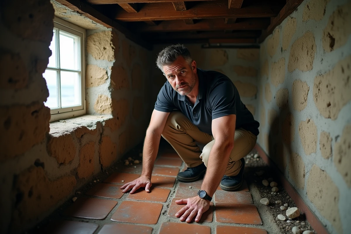 Acheteur inspectant les problèmes d'humidité et d'efflorescence à l'intérieur d'une maison de pêcheur ancienne avant acquisition