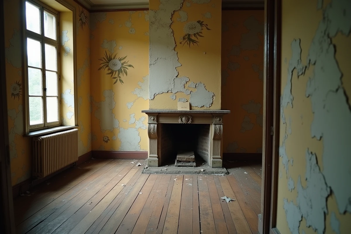 Intérieur abandonné d'une maison de campagne française avec papier peint décollé, parquet usé et cheminée en pierre, note 'À Donner Gratuitement' épinglée sur le manteau, illustrant les maisons données gratuitement en 2026