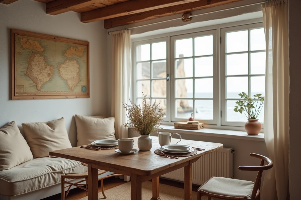 Intérieur authentique d'une maison normande en bord de mer avec poutres apparentes et vue sur la mer