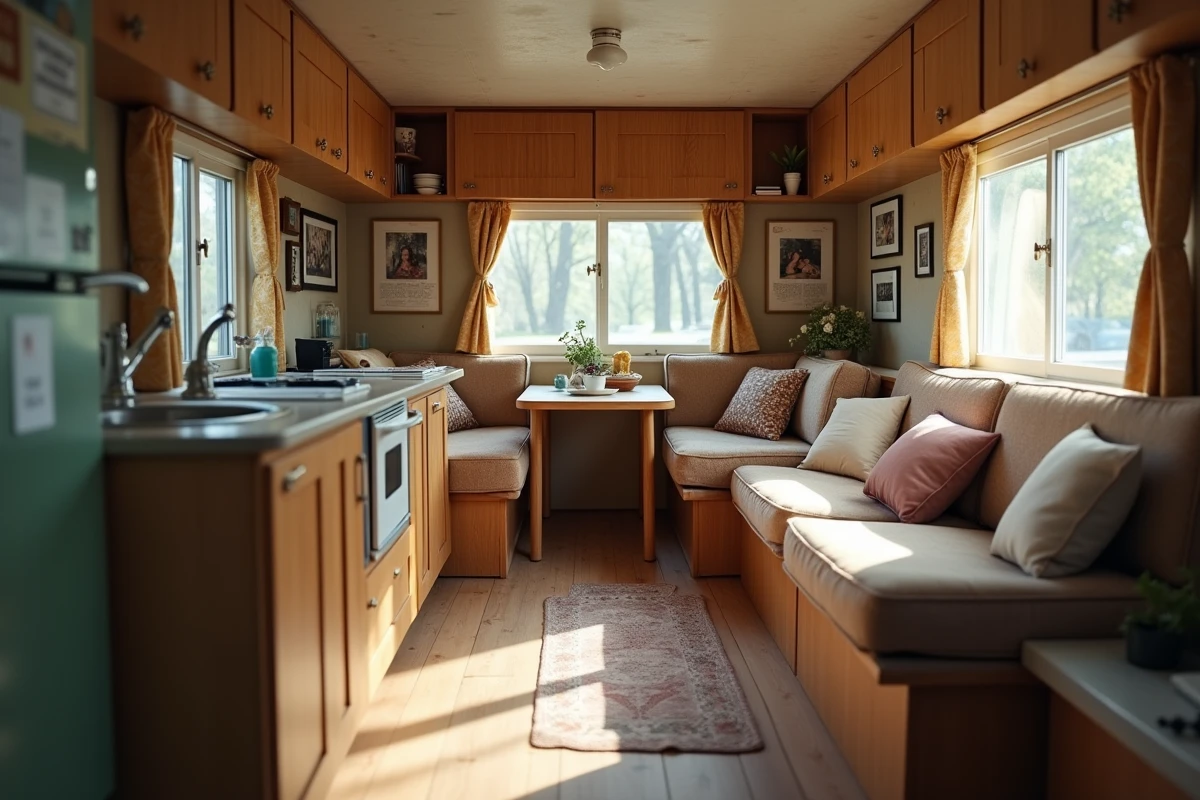 Intérieur d'un mobil-home d'occasion aménagé en résidence principale dans un camping ouvert à l'année