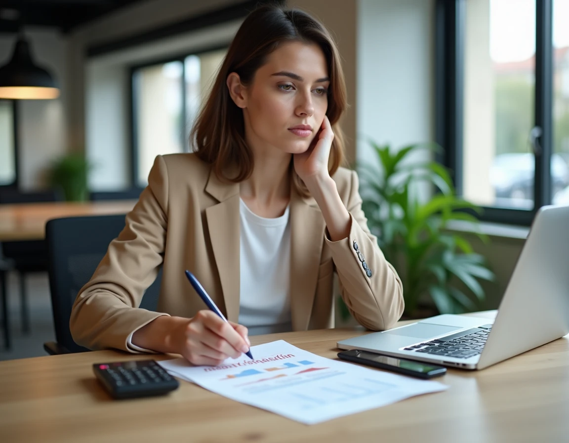 Femme investisseuse immobilière analysant des frais de notaire réduits sur ordinateur dans un espace de coworking moderne