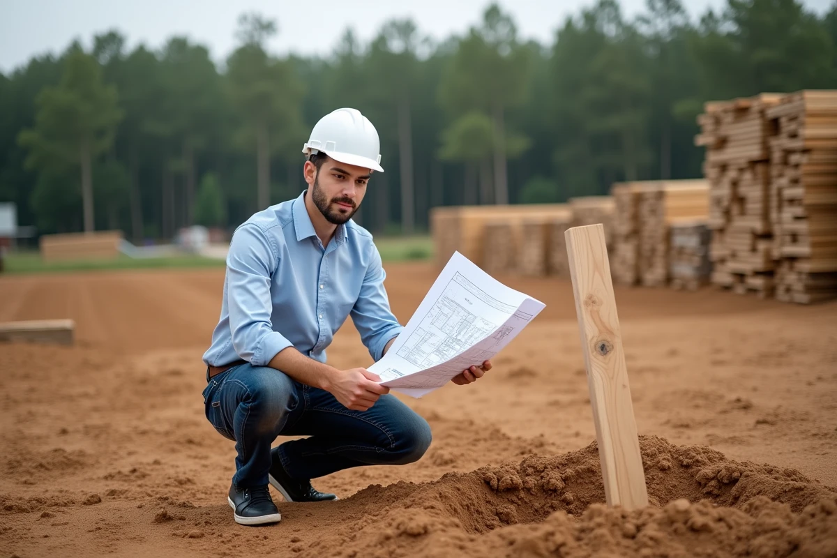 Jeune architecte tenant un plan devant un terrain en construction