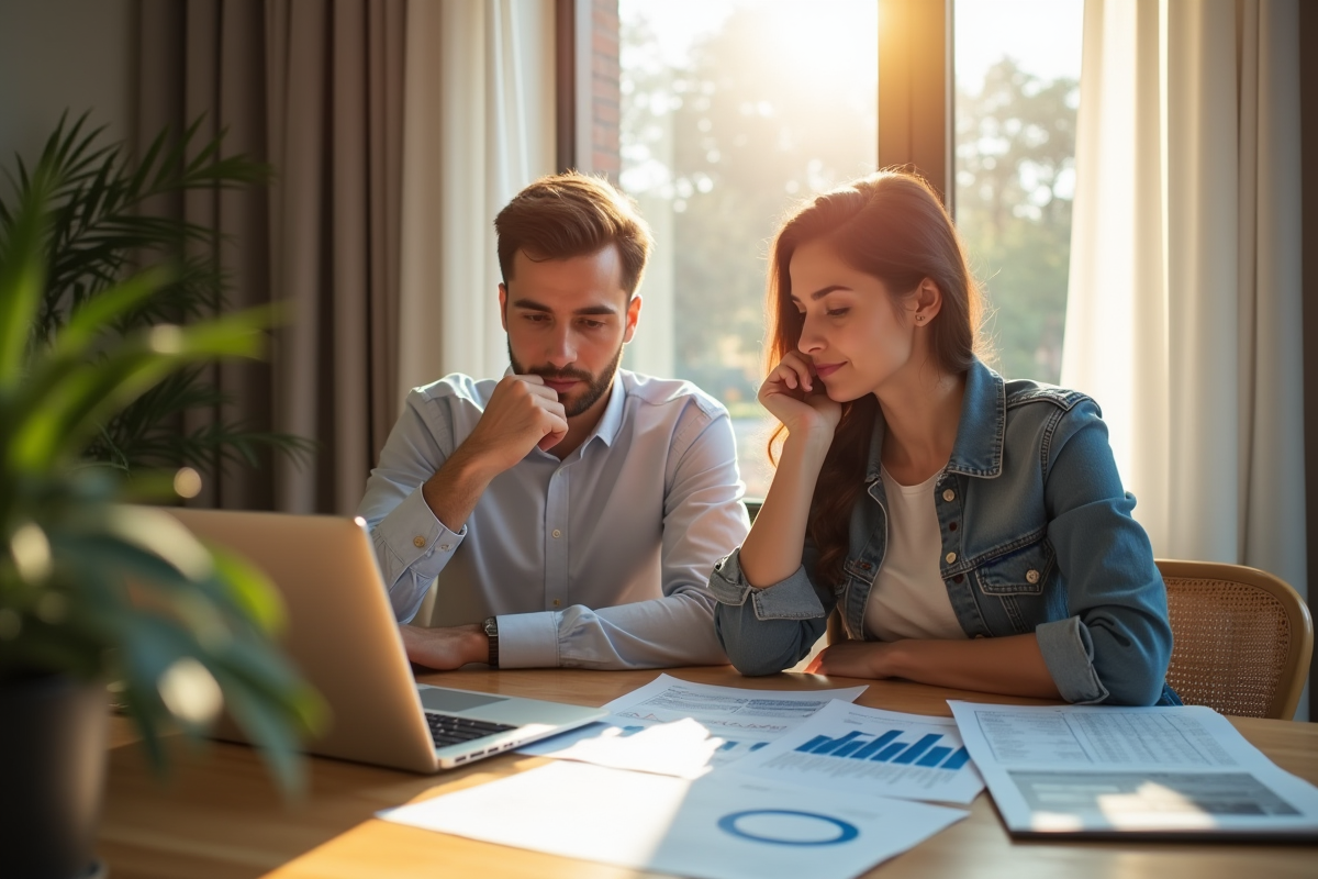 Jeune couple discutant de finances et de prêt immobilier
