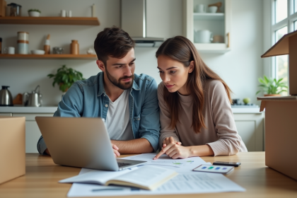 Jeune couple discutant du budget de déménagement dans un appartement moderne
