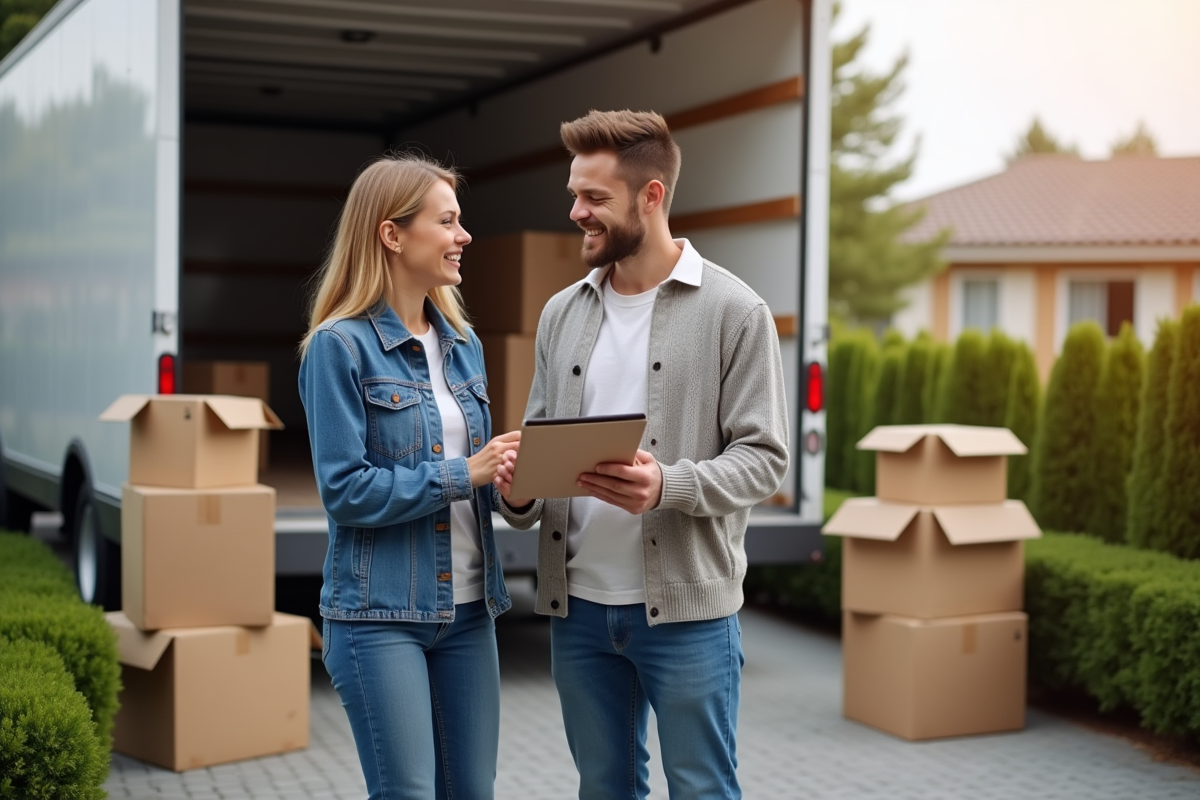 Jeune couple souriant devant leur nouvelle maison avec camion de déménagement