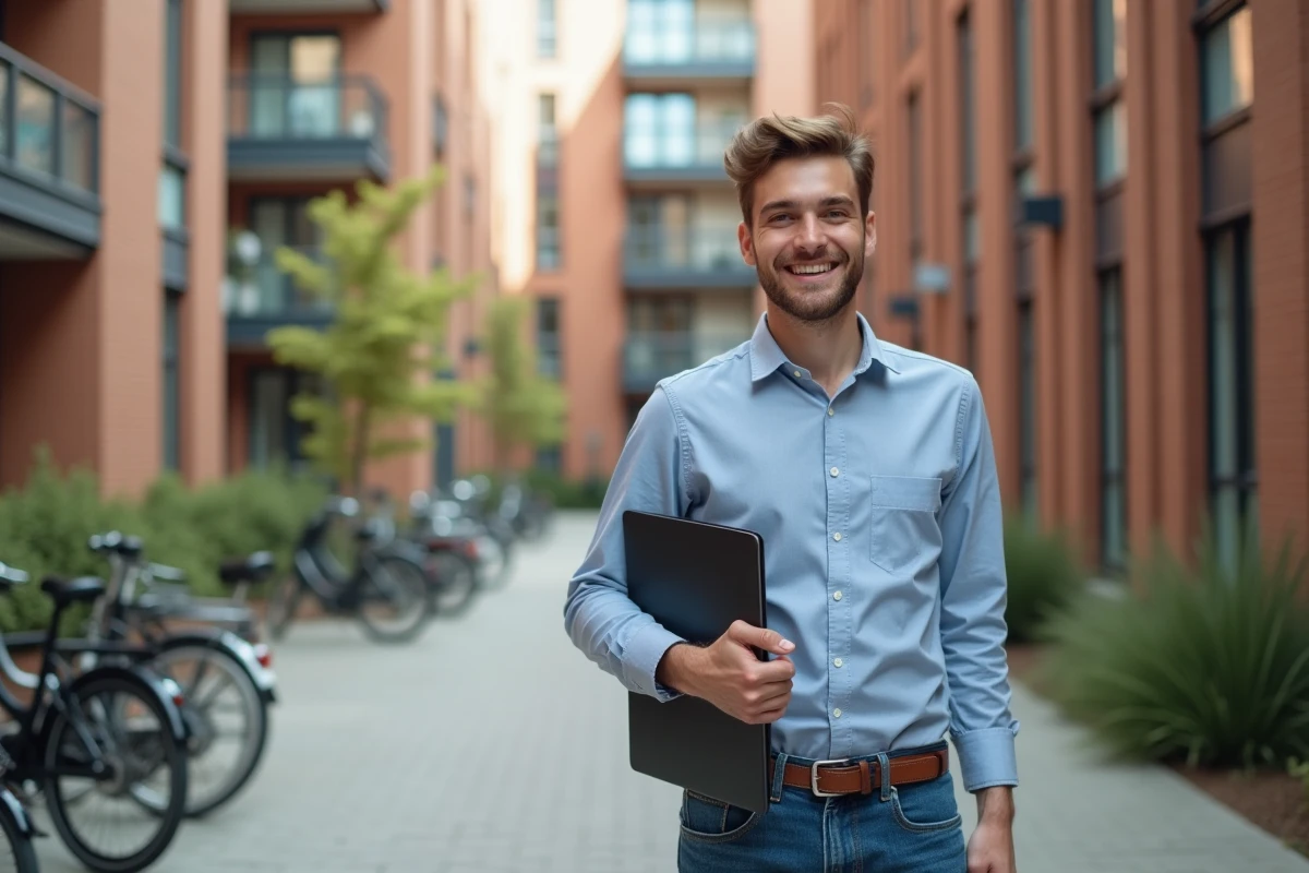 Jeune étudiant souriant devant un immeuble rénové
