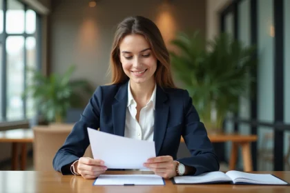 Jeune femme d'affaires en costume dans un bureau moderne