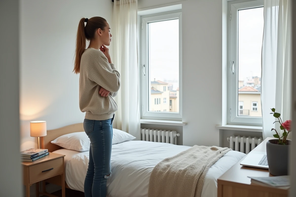 Jeune femme dans une petite chambre urbaine moderne