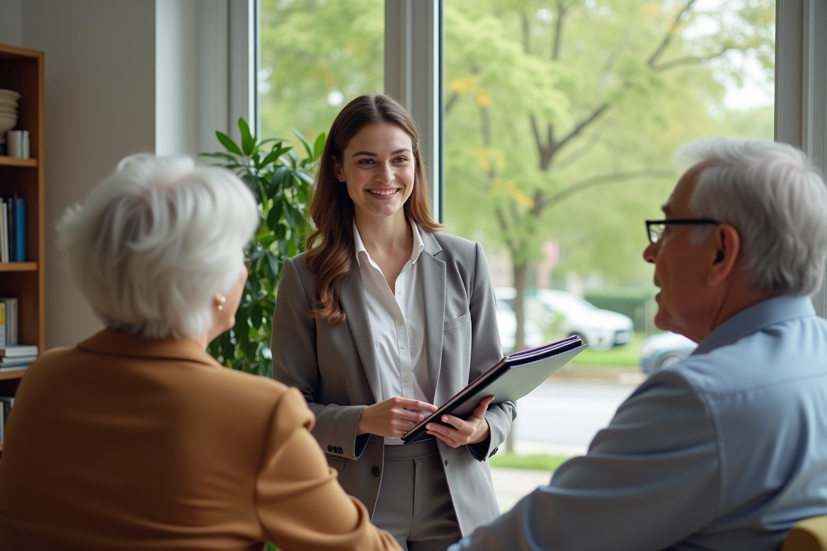 Jeune femme en tenue décontractée parle avec un couple âgé dans un salon lumineux