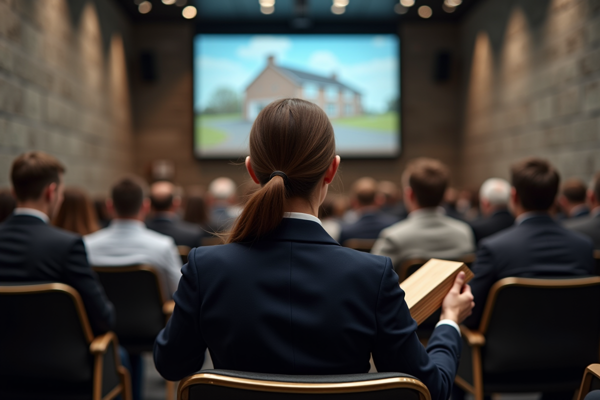Jeune femme en enchères immobilières dans une salle animée