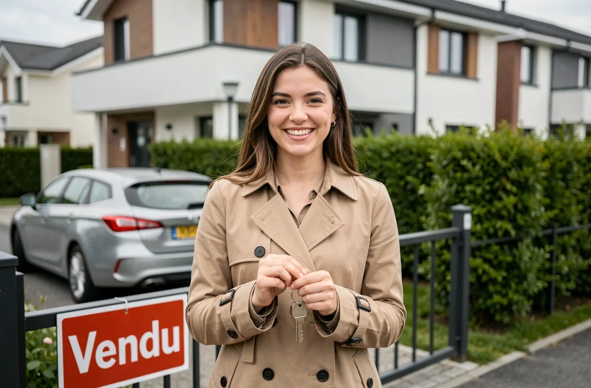 Jeune femme devant sa nouvelle maison après l'obtention d'un crédit immobilier SG au meilleur taux