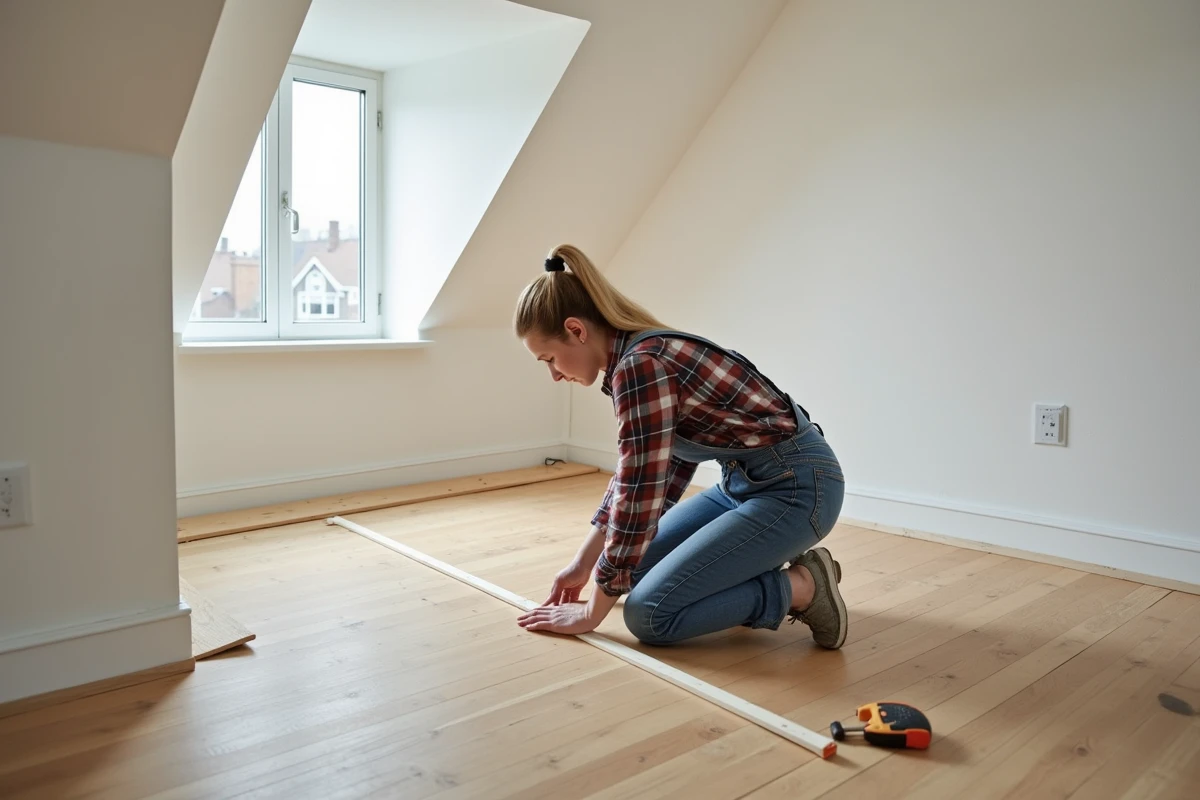 Jeune femme mesure des plinthes dans un grenier